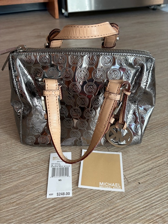 Michael Kors Handbags - Michael Kors Metallic Silver Satchel with Tan Leather Handles